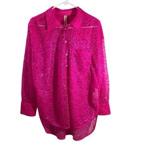 By Anthropologie Pink Metallic Lace Sheer Button Down Shirt
